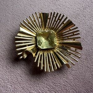 Trifari Gold Brooch with Sunburst Design and Amber Gemstone